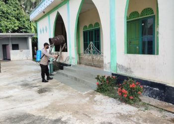 Sinergitas Babinsa dan Bhabinkamtibmas Laksanakan Penyemprotan Cairan Disenfektan
