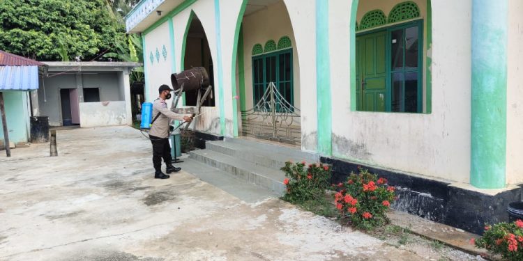 Sinergitas Babinsa dan Bhabinkamtibmas Laksanakan Penyemprotan Cairan Disenfektan